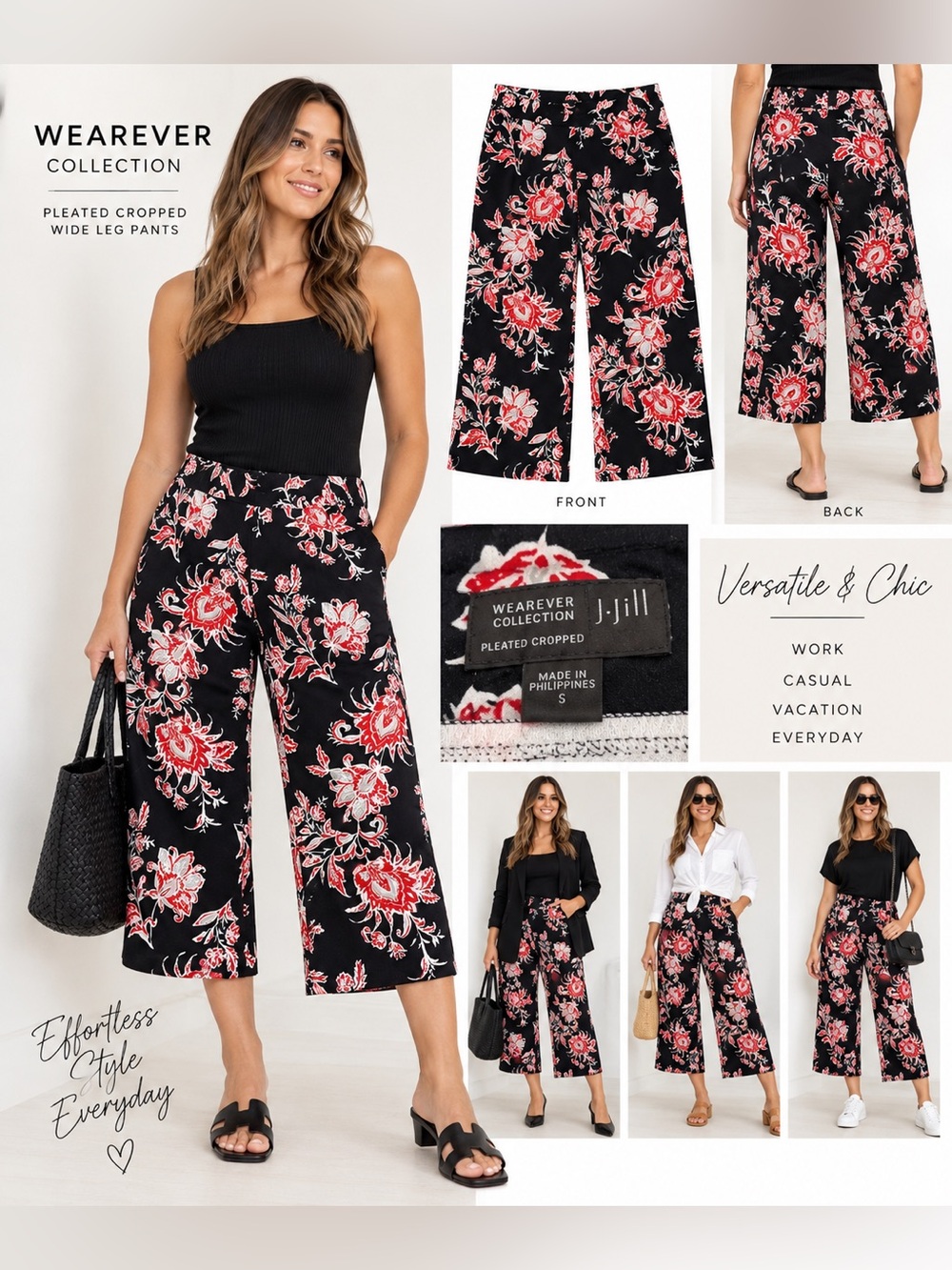 J. Jill Black Wide-Leg Cropped Pants with Red & Pink Floral Print